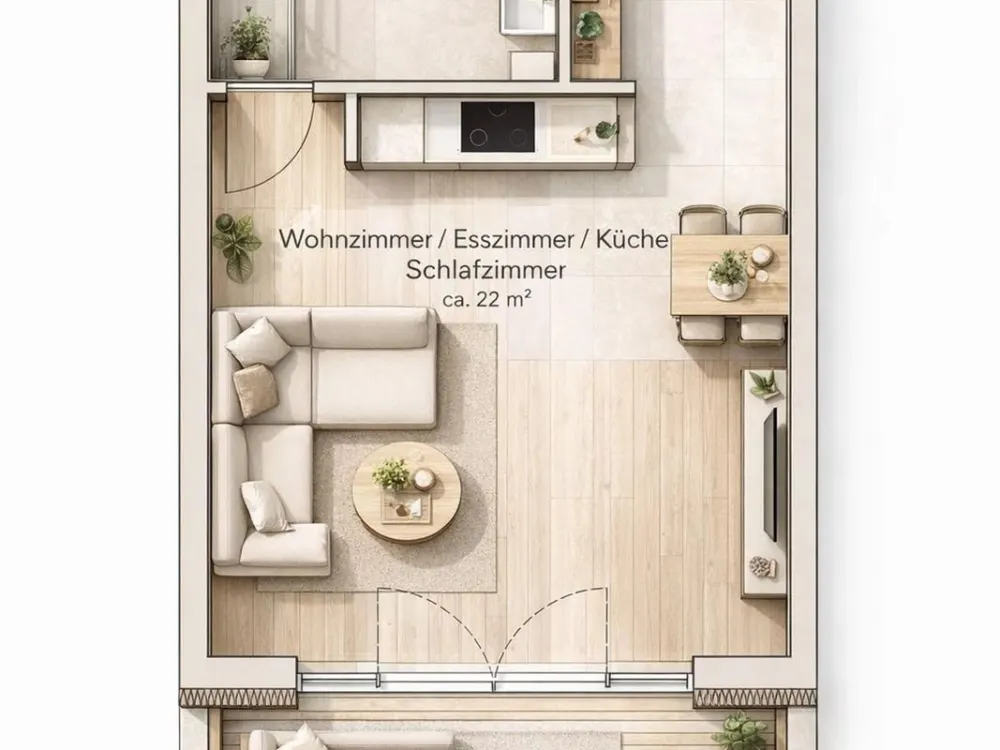 44 m² one-room apartment with a 12 m² loggia, fitted kitchen included