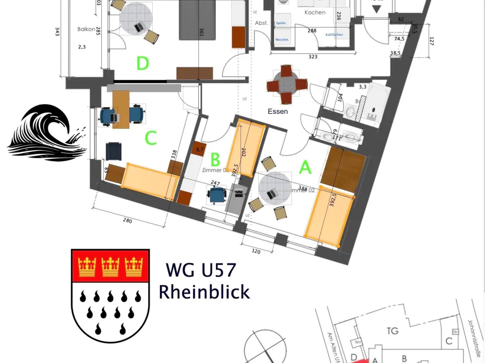 Rheinblick-WG: TOP-Zimmer mit Bestausstattung und RheinBalkon