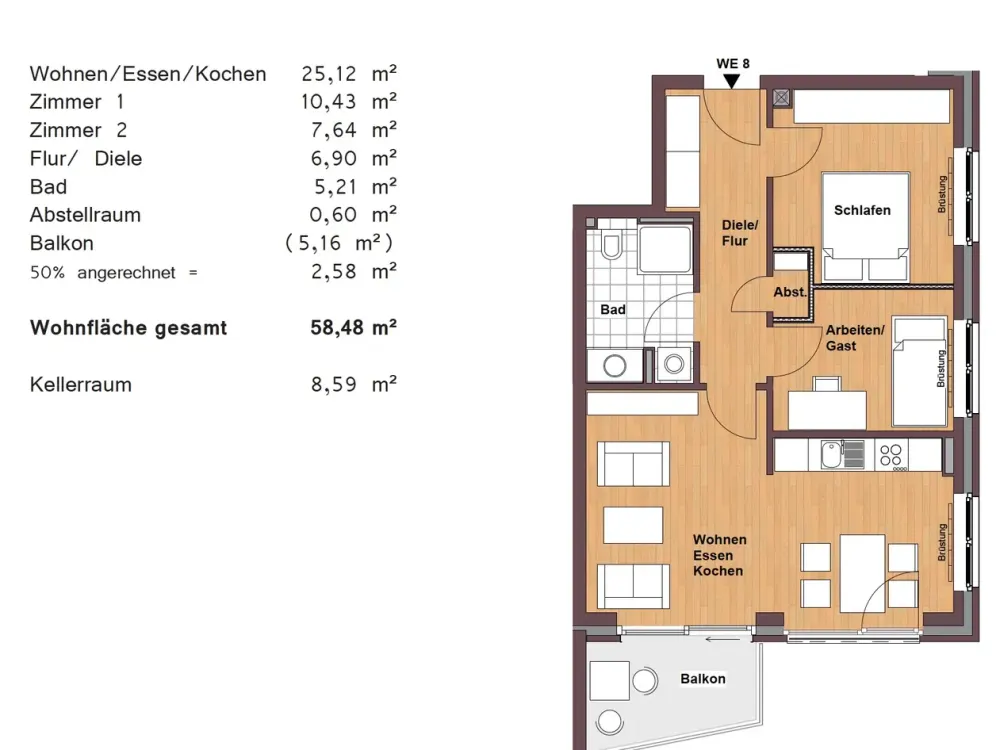 3 Rooms - Poppenbüttel - 58.48 m²