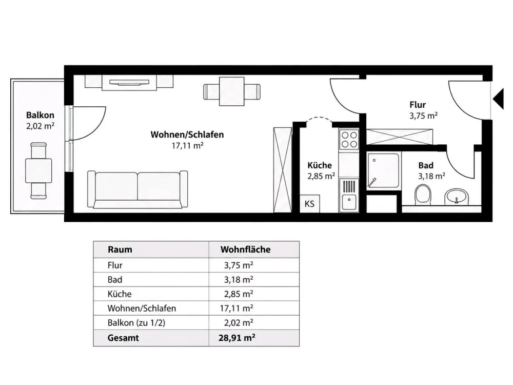 Helle 1-Zimmerwohnung in Garching mit Balkon und Einbauküche
