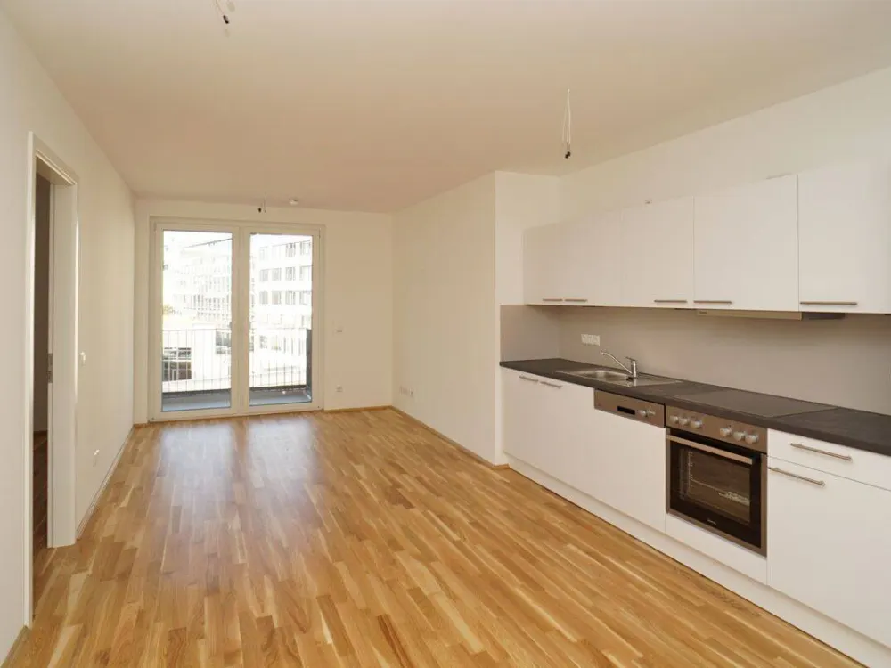City and close to the Elbe: Balcony + fitted kitchen