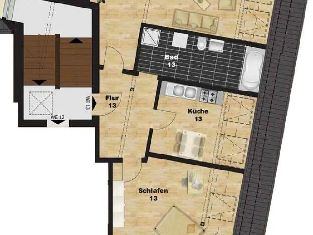 Viel Platz im Dachgeschoss! + Loggia + Parkett + Wanne & Dusche + Fußbodenheizung + PKW-Stellplatz