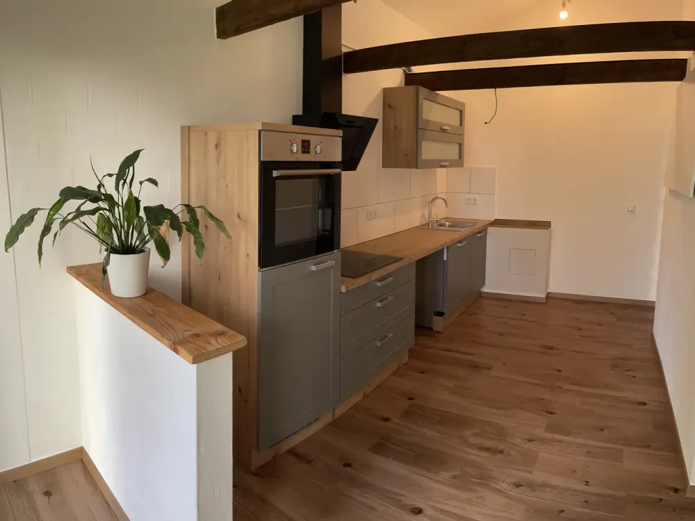 Living in a Green Oasis: Stylish 1-Room Garden Apartment with Built-in Kitchen and Pellet Stove