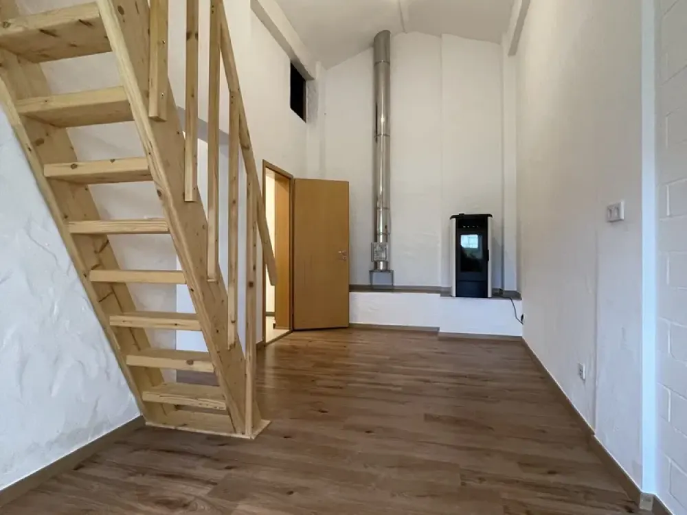 Living in a Green Oasis: Stylish 1-Room Garden Apartment with Built-in Kitchen and Pellet Stove