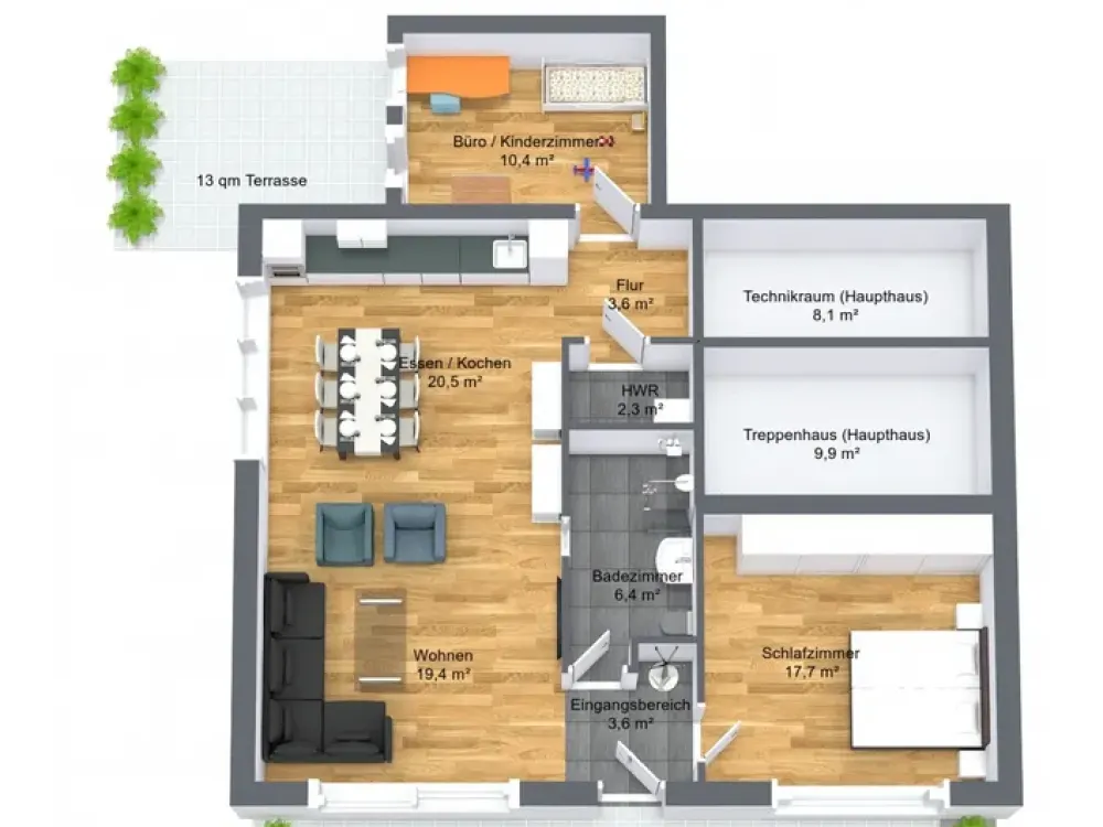 Helle 3-Zimmer Wohnung (2,70 m Deckenhöhe) mit ca. 58 m² Terrassen und eigener Wallbox