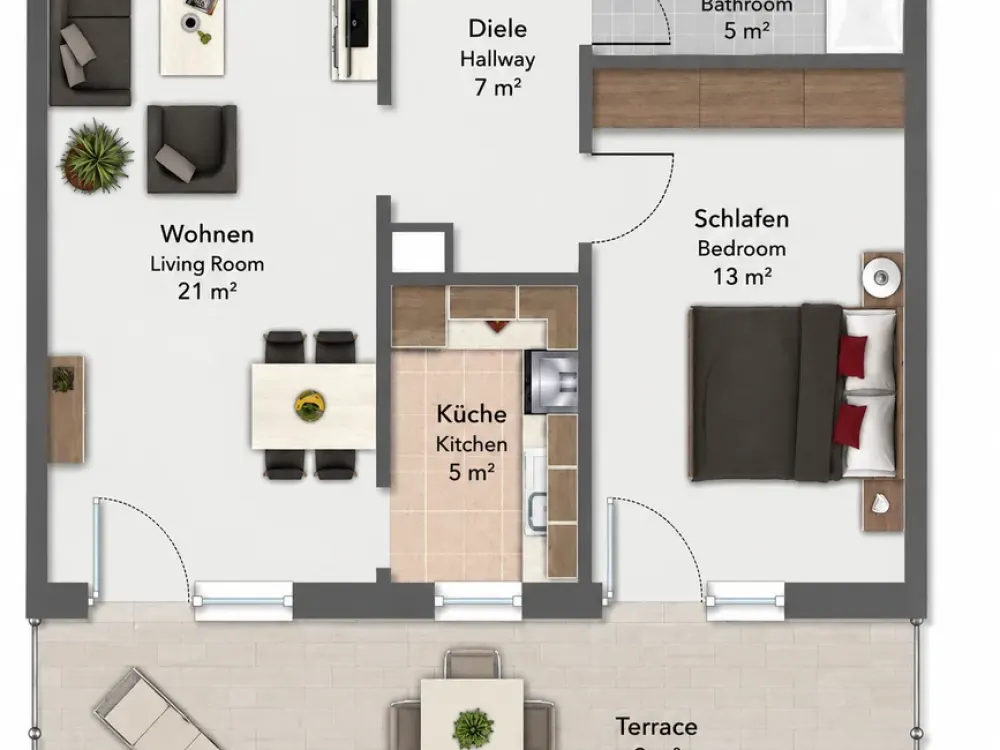 Quiet and Well Connected, Fully Furnished 2-Room Apartment with Sun Terrace