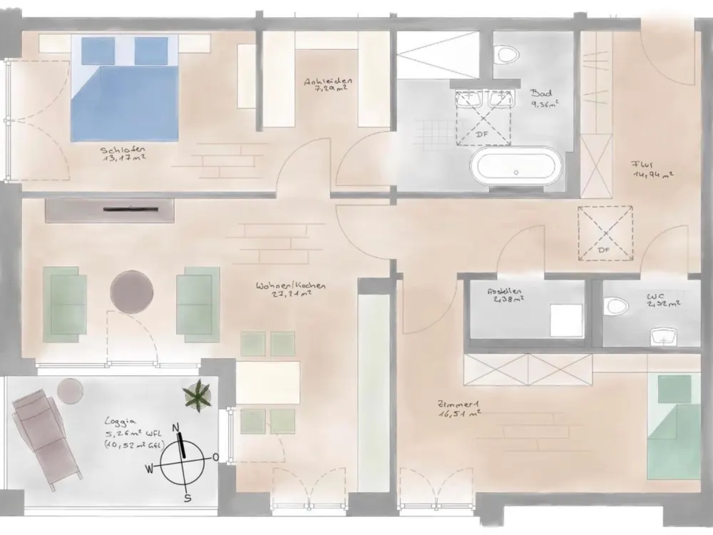 Moderne 3-Raum-Wohnung mit Loggia und Tiefgarage, inkl. EBK