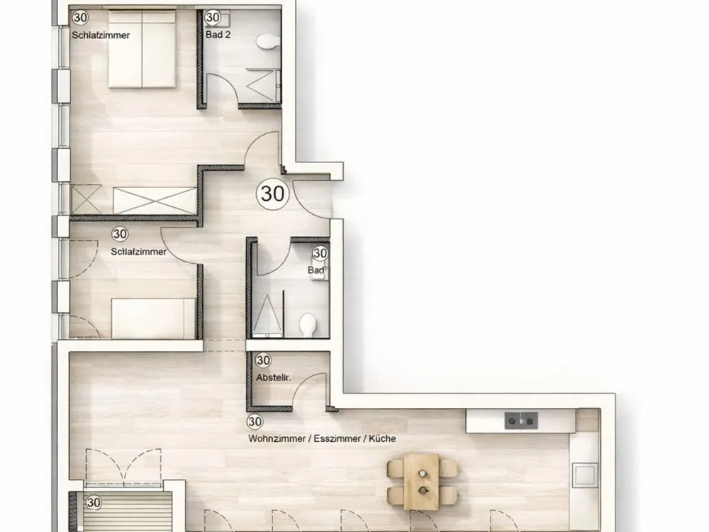 Drei Zimmer, 88 m², bodentiefe Fenster, Neubau am Westhafen