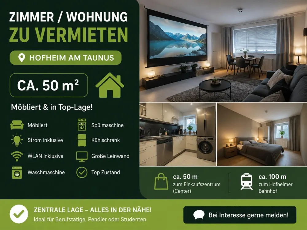 Ein Zimmer und halb voll mobilierte 50 qm2