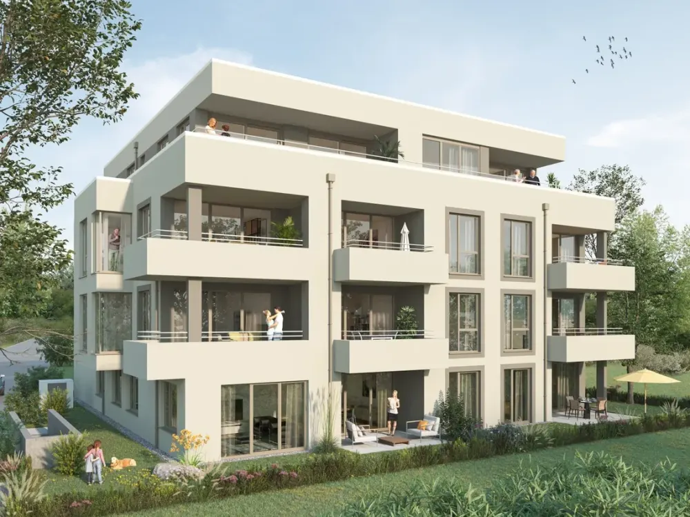 Newly Built First Occupancy Ground Floor Apartment with Garden, Kitchen, Air Conditioning, 2 Underground Parking Spaces, Barrier-Free, KFW40