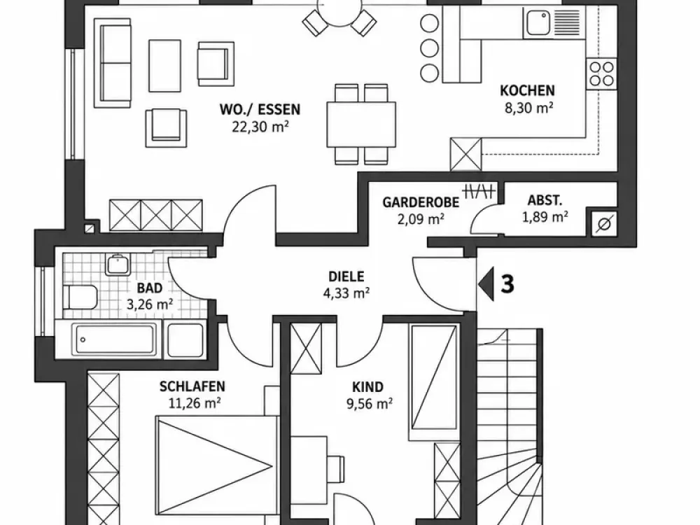 Helle möblierte 3-Zimmer-Wohnung mit Balkon und Einbauküche