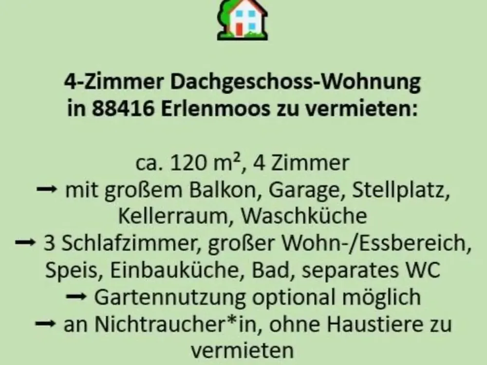 Schöne 4-Zimmer-DG-Wohnung mit Balkon und Einbauküche in Erlenmoos