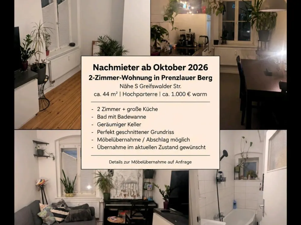 Nachmieter ab Oktober | 2 Zi. Prenzlauer Berg | 1.000 € warm