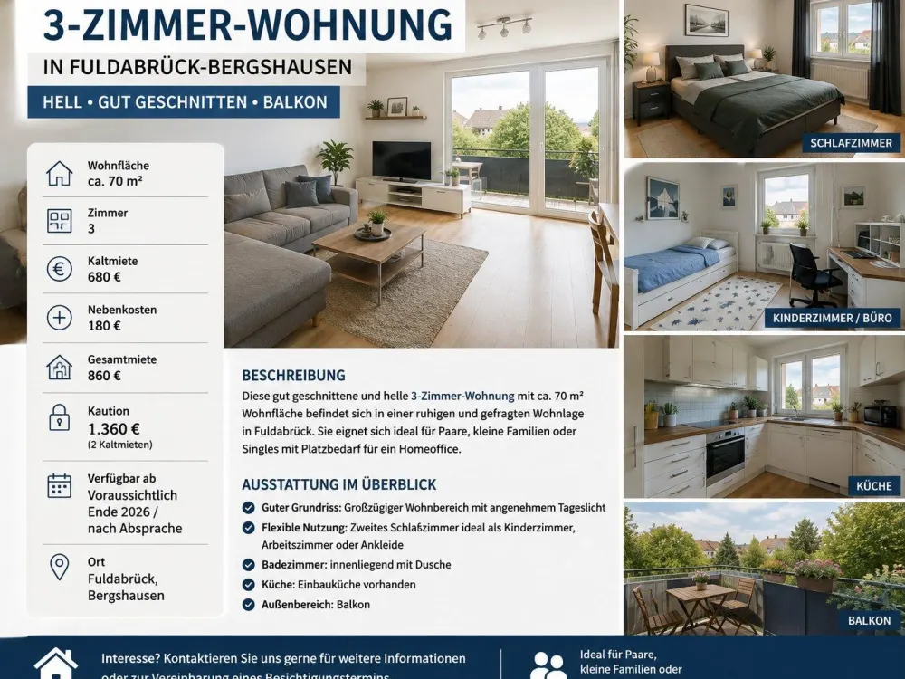 Cozy 3-Room Apartment in Fuldabrück (approx. 70 m²), Preliminary Inquiry