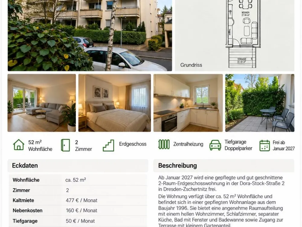 2-Raum-Erdgeschosswohnung mit Terrasse & Tiefgarage in Dresden