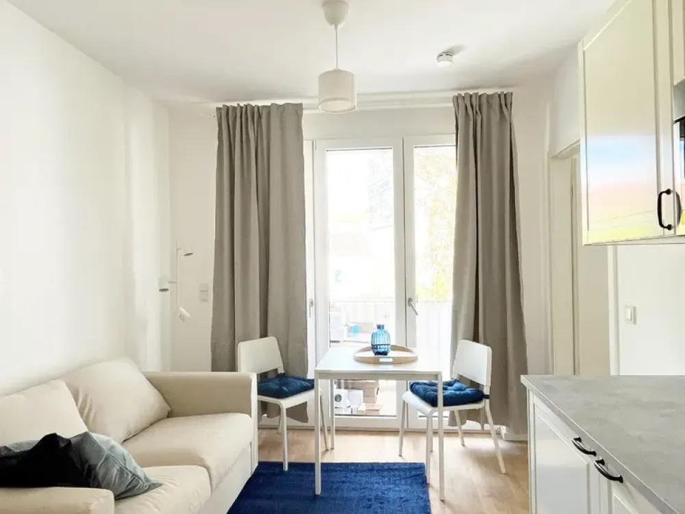 furnished studio apartment with a balcony in a new building in the heart of Lichtenberg