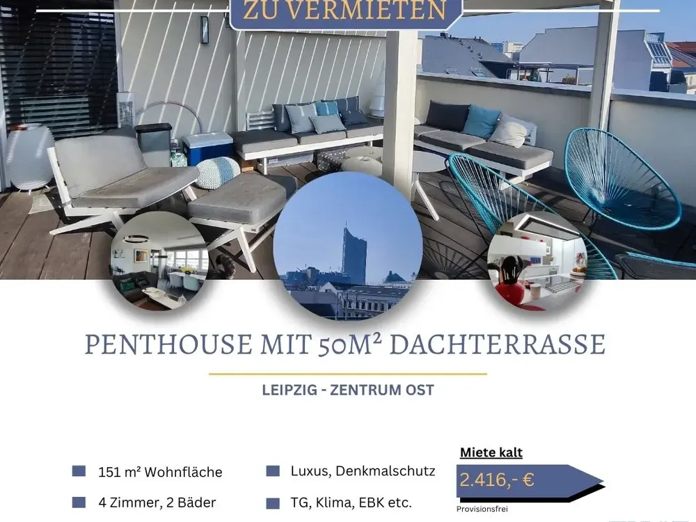 Exclusive Penthouse for Rent, Luxury, Design & History Above the Roofs of Leipzig (EBK, Pergola)