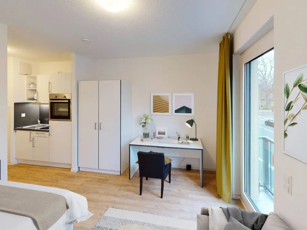 ** Modernes und vollmöbliertes 1-Zimmer-Apartment mit EINBAUKÜCHE, eigenem BALKON und gemeinschaftlicher DACHTERRASSE **
