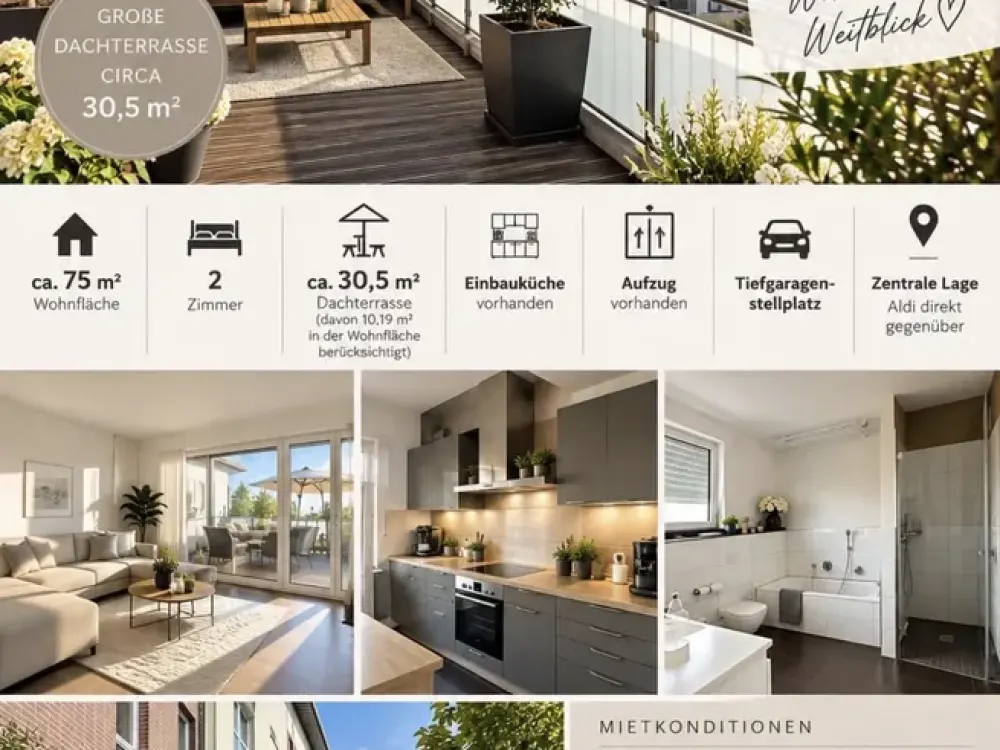 2-Zimmer-Wohnung mit großer Dachterrasse, Aufzug und Tiefgarage