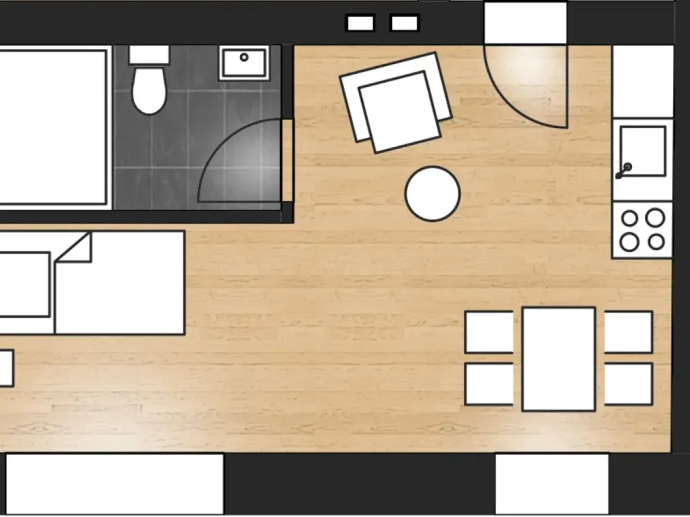 Modernes 1-Zi-Apartment mit Küche und modernem Bad.