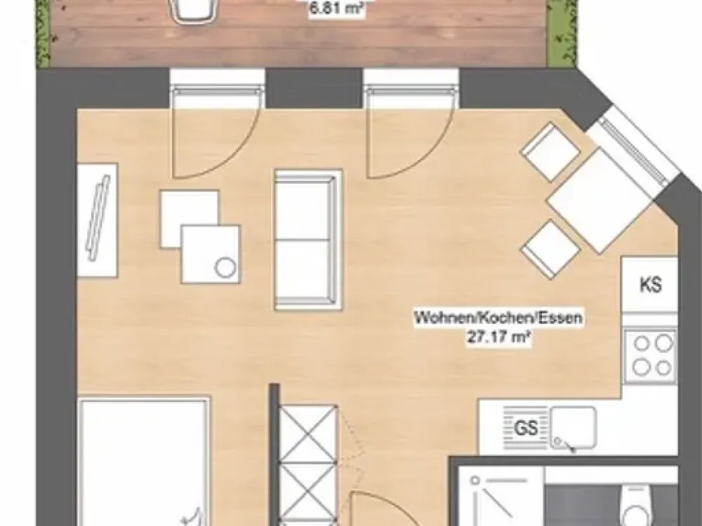 Parking Space and Built-in Kitchen, First Occupancy Two-Room Apartment with Terrace