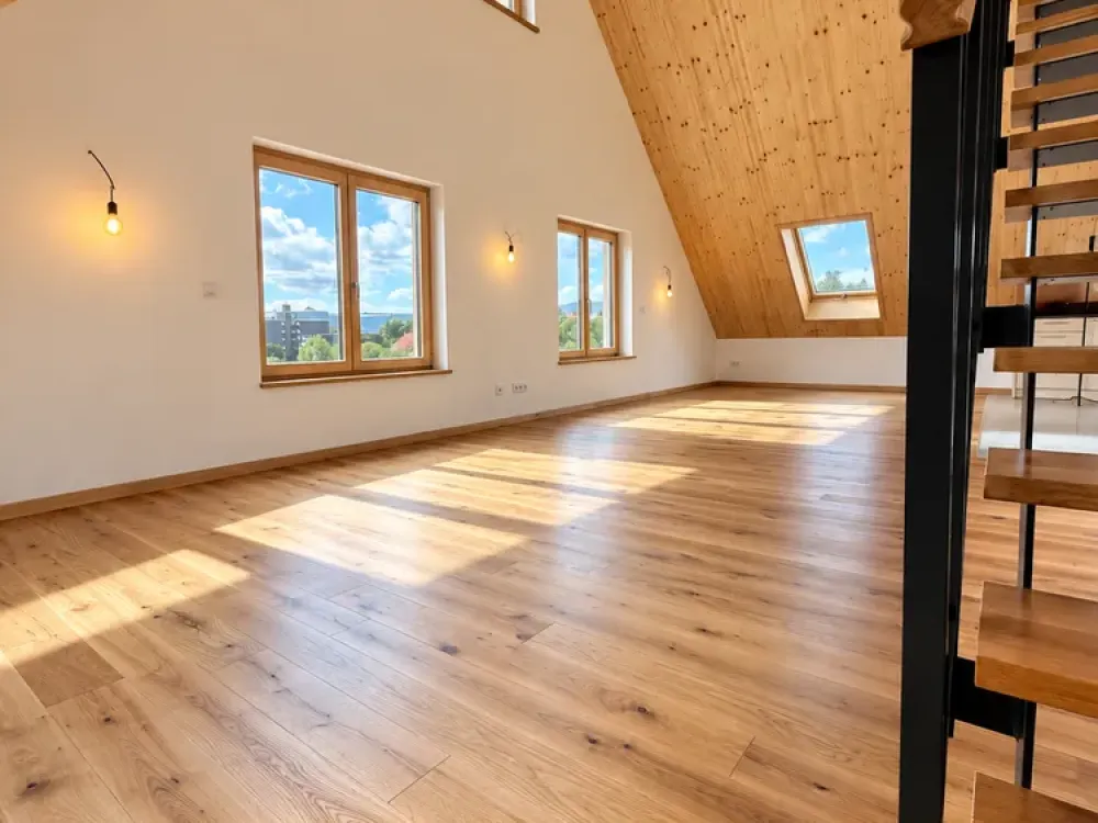 Neubau-Erstbezug Maisonette im Dachgeschoss: Wohnen im Holzhaus auf 2 Etagen mit Balkon