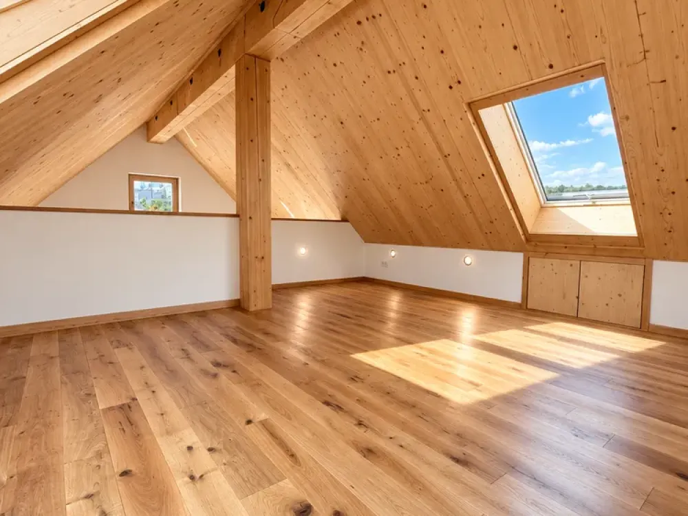 Neubau-Erstbezug Maisonette im Dachgeschoss: Wohnen im Holzhaus auf 2 Etagen mit Balkon