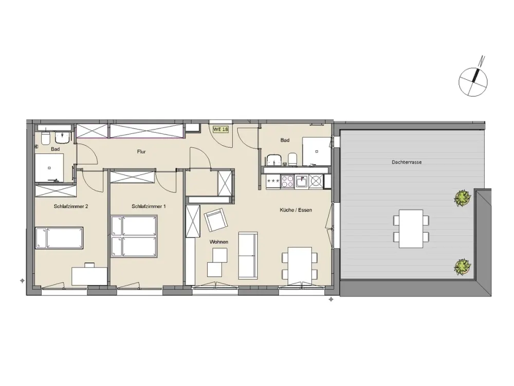Penthouse apartment with 40 m² roof terrace and cathedral view, 2 bathrooms, storage room and open-plan kitchen