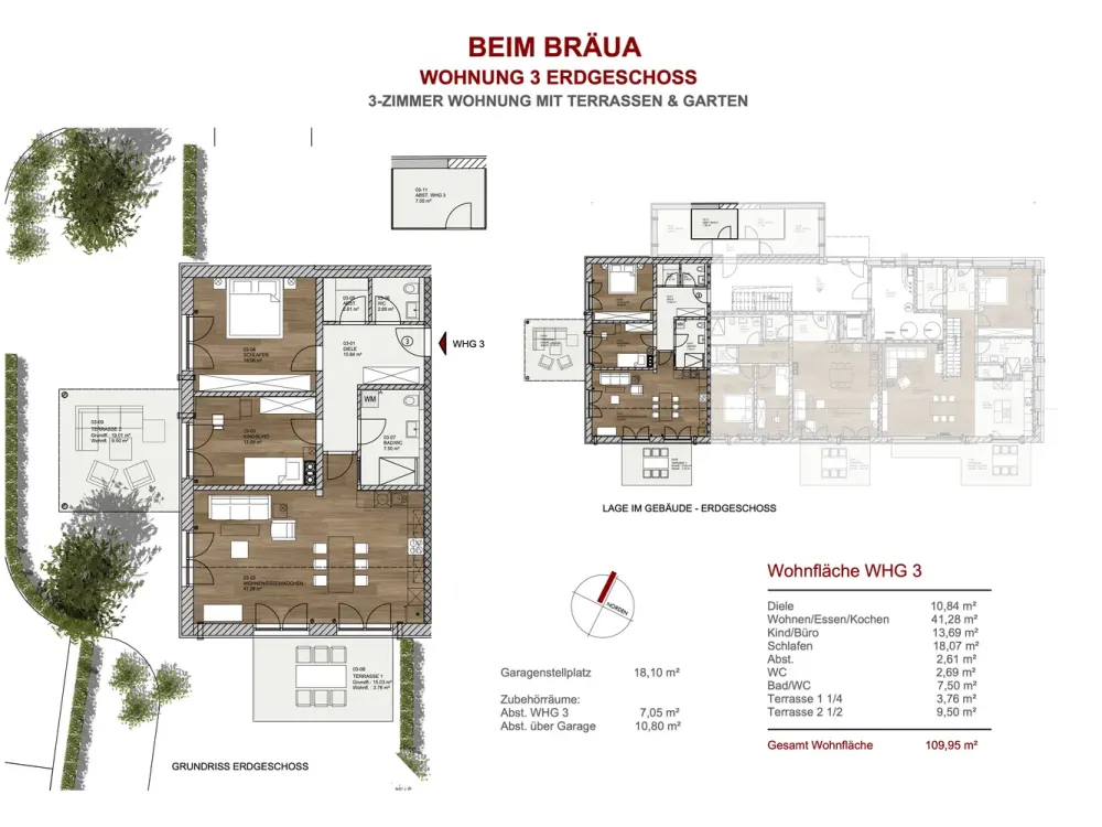Erstbezug "BEIM-BRÄUA" - Exklusive 3-Zimmer-Erdgeschosswohnung mit Garten + Terrasse