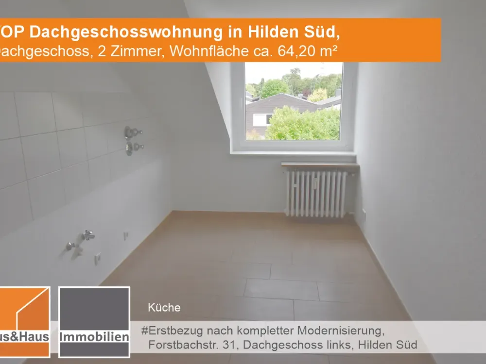#TOP Sanierte Dachgeschosswohnung, 2 Zimmer, Whfl. 64,20 m², Hilden Süd