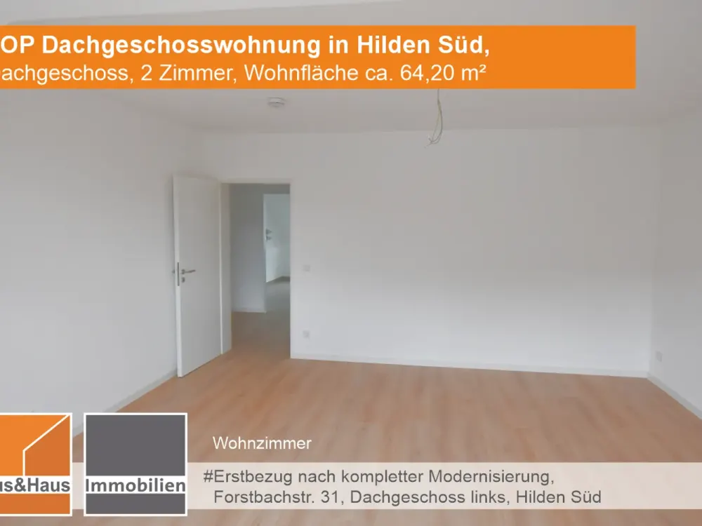 #TOP Sanierte Dachgeschosswohnung, 2 Zimmer, Whfl. 64,20 m², Hilden Süd