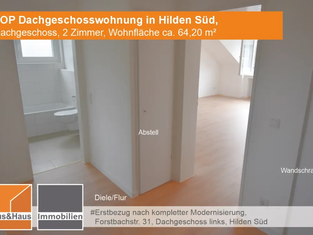 #TOP Sanierte Dachgeschosswohnung, 2 Zimmer, Whfl. 64,20 m², Hilden Süd
