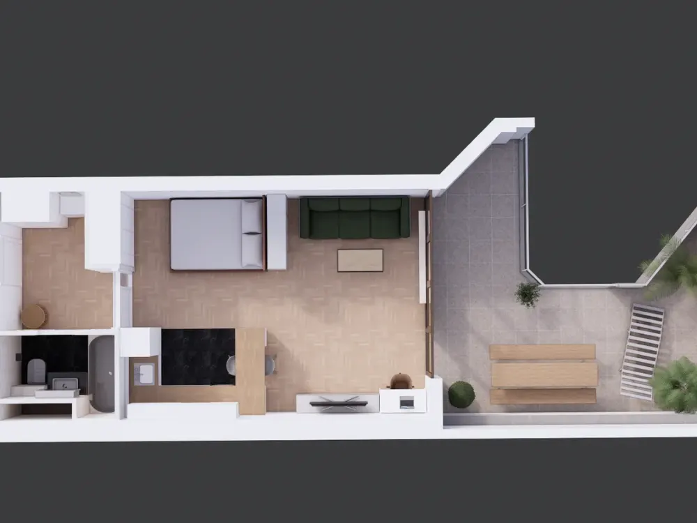 Frisch sanierte und voll möblierte 1-Zimmer-Wohnung mit 22 m² Terrasse in der engeren Innenstadt