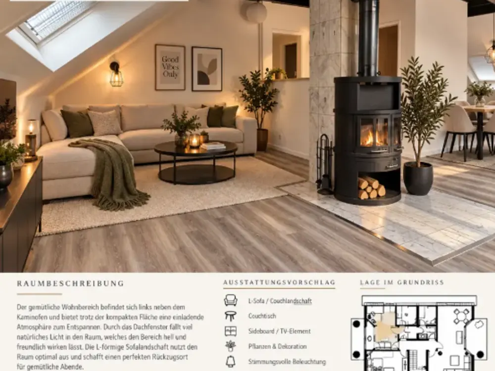 112 m² with two balconies, fireplace and garage, plenty of space for couples with home office