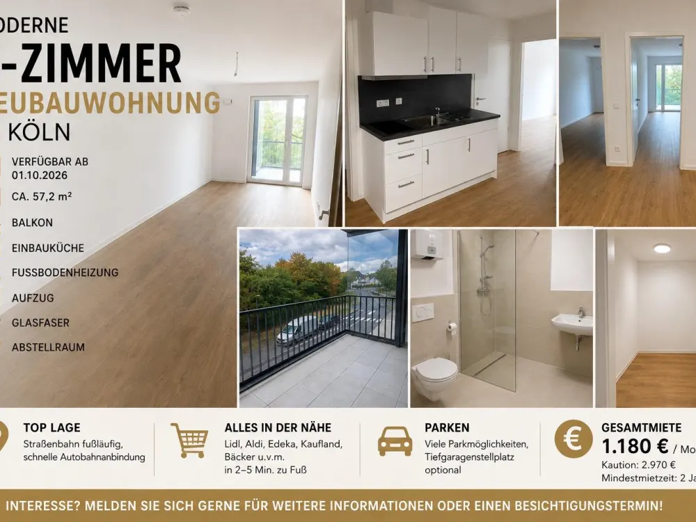 2-Zimmer-Neubauwohnung in Köln | 57 m² | Balkon | EBK | ab 01.10.