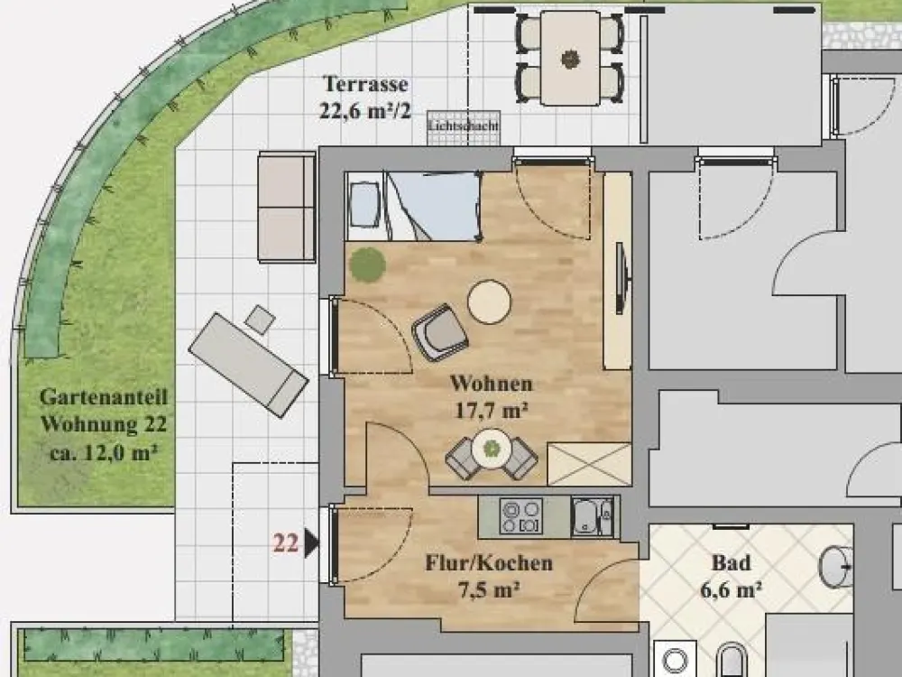 Hochwertiges, modernes Einraumappartment mit großer Terrasse und separatem Zugang wartet auf Sie!