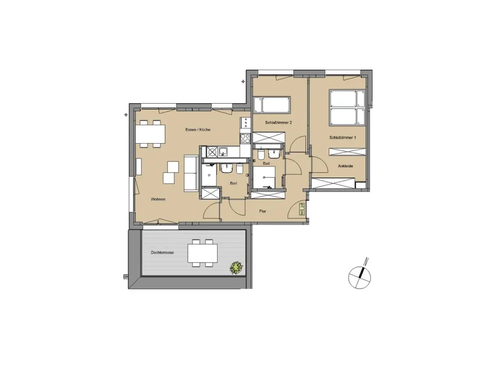 Bright penthouse apartment with open-plan kitchen, 2 bathrooms, dressing room and roof terrace