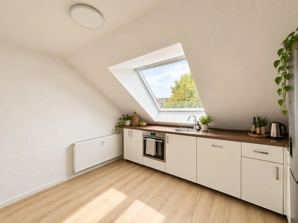 2-Zimmer-Dachgeschosswohnung, offene Küche, ruhige Lage, Stellplatz optional