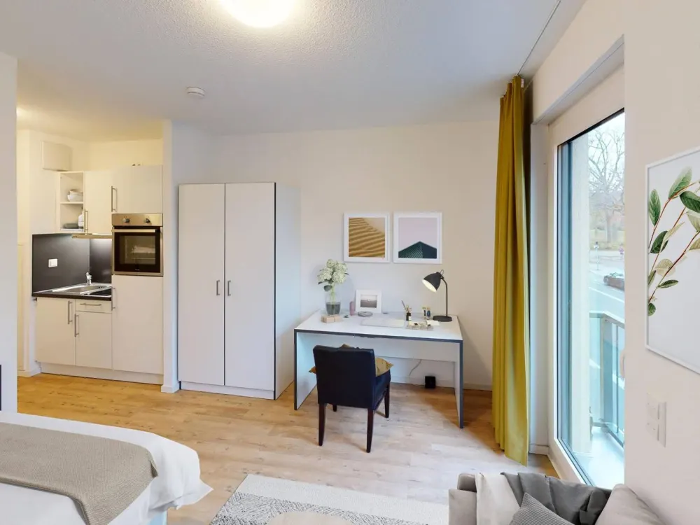 ** Modernes und vollmöbliertes 1-Zimmer-Apartment mit EINBAUKÜCHE, eigenem BALKON und gemeinschaftlicher DACHTERRASSE **