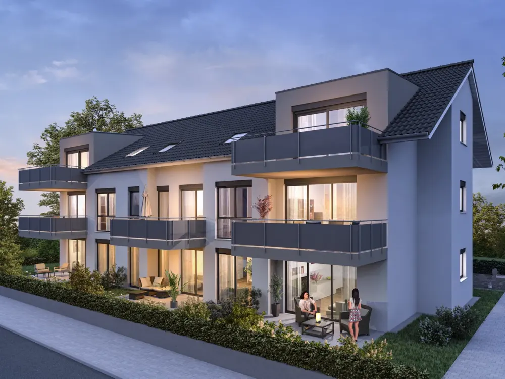Neubau 2023: Helle 3-Zimmer-Wohnung mit EBK, Terrasse und Garten in Süd-West-Lage