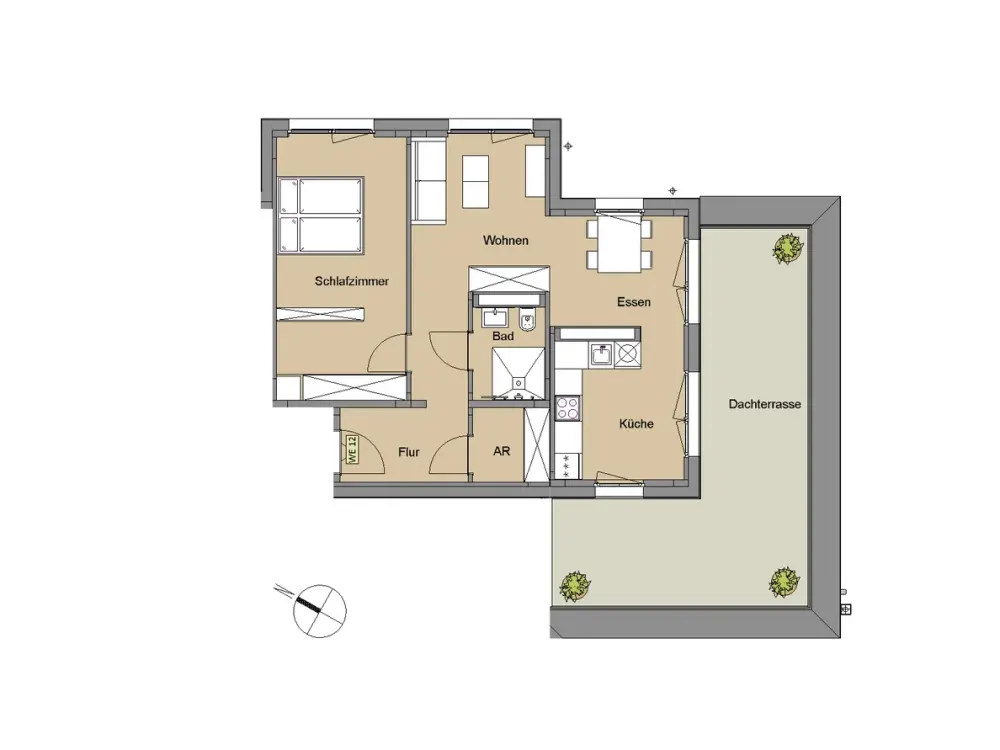große 2 Zimmer-Penthousewohnung mit 34 m² Dachterrasse, modernem Badezimmer und großem Abstellraum