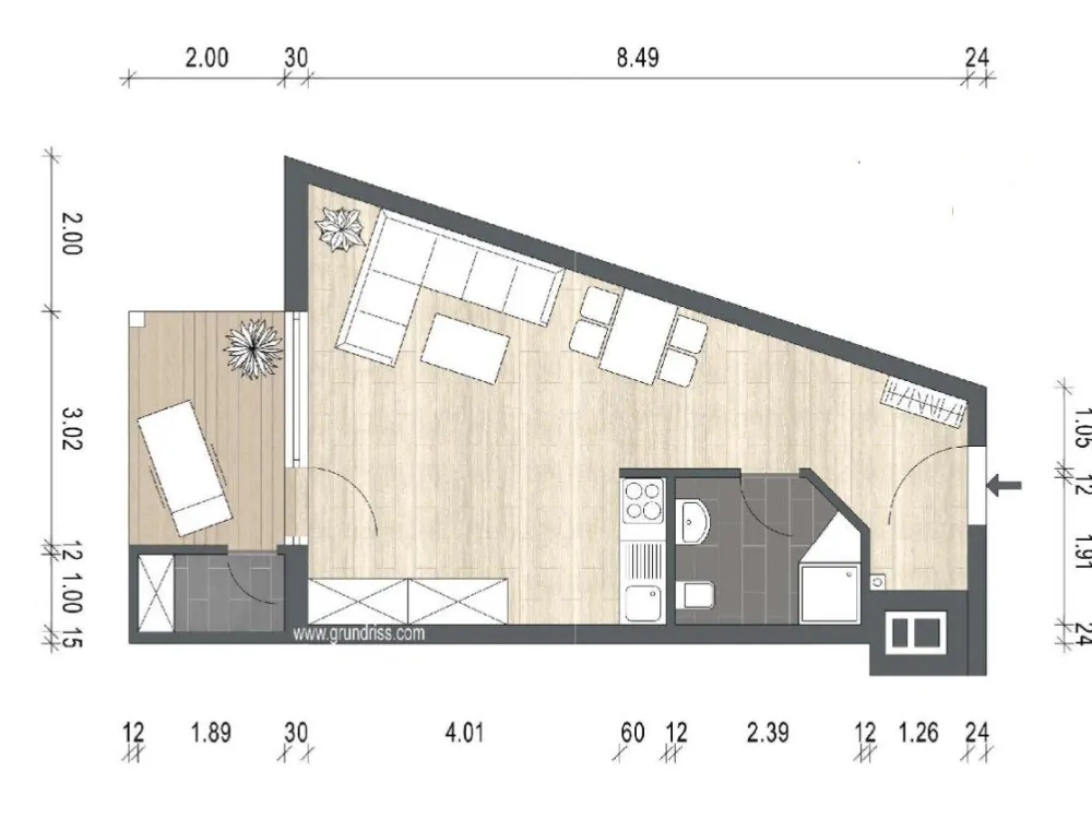 Bright, quiet, partially furnished apartment + balcony, approx. 35m², extra underground parking space