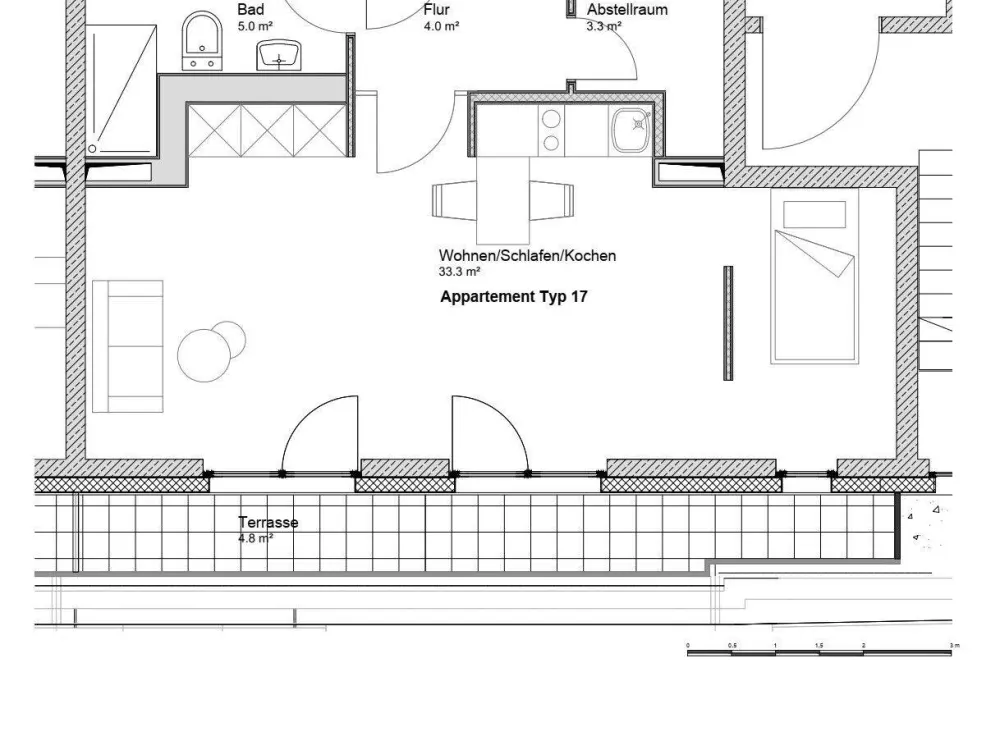 Helle 1,5 Raumwohnung mit Einbauküche und Terrasse in zentraler Lage sucht neuen Mieter