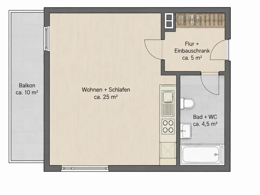 Helle 1-Zimmer-Wohnung mit großem Balkon in ruhiger Lage, Markt Schwaben