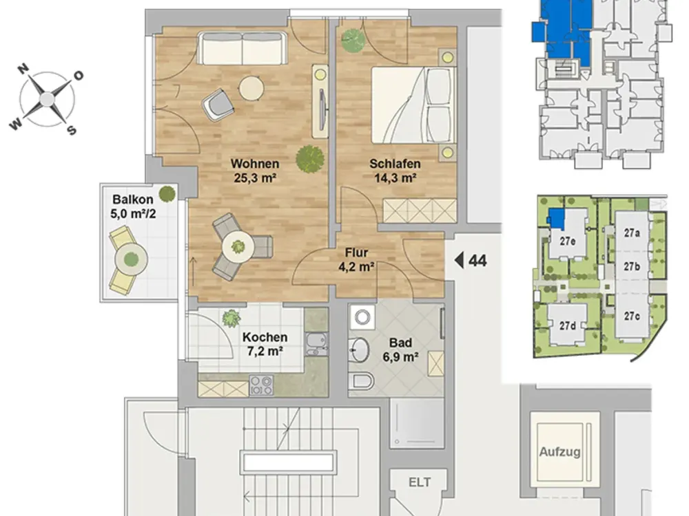 Exclusive 2-room apartment with fitted kitchen, balcony and view