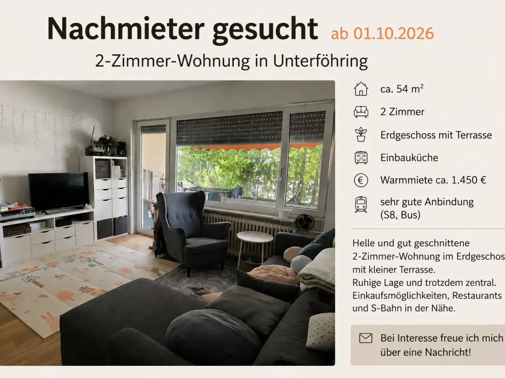 Nachmieter gesucht: Helle 2-Zimmer-Wohnung mit Terrasse in Unterföhring ab 01.10.2026