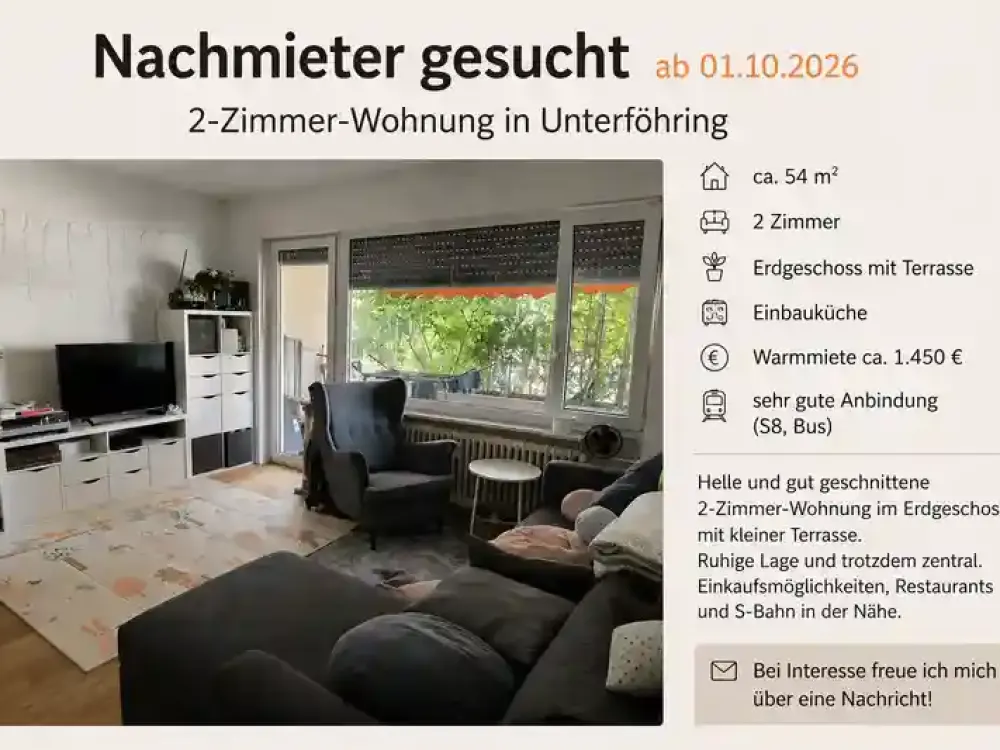 Nachmieter gesucht: Helle 2-Zimmer-Wohnung mit Terrasse in Unterföhring ab 01.10.2026
