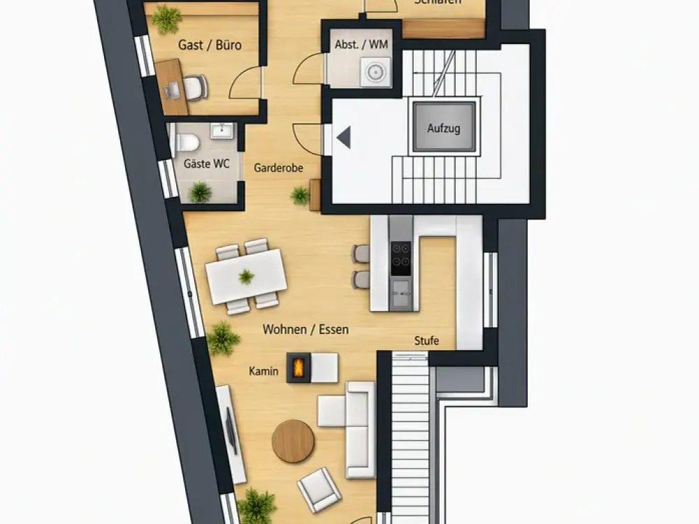 High-quality penthouse in a green yet central location with elevator, carport, and office option