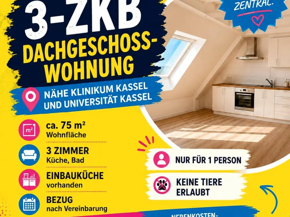 3-ZKB-Dachgeschosswohnung in Kassel, Nähe Klinikum & Uni