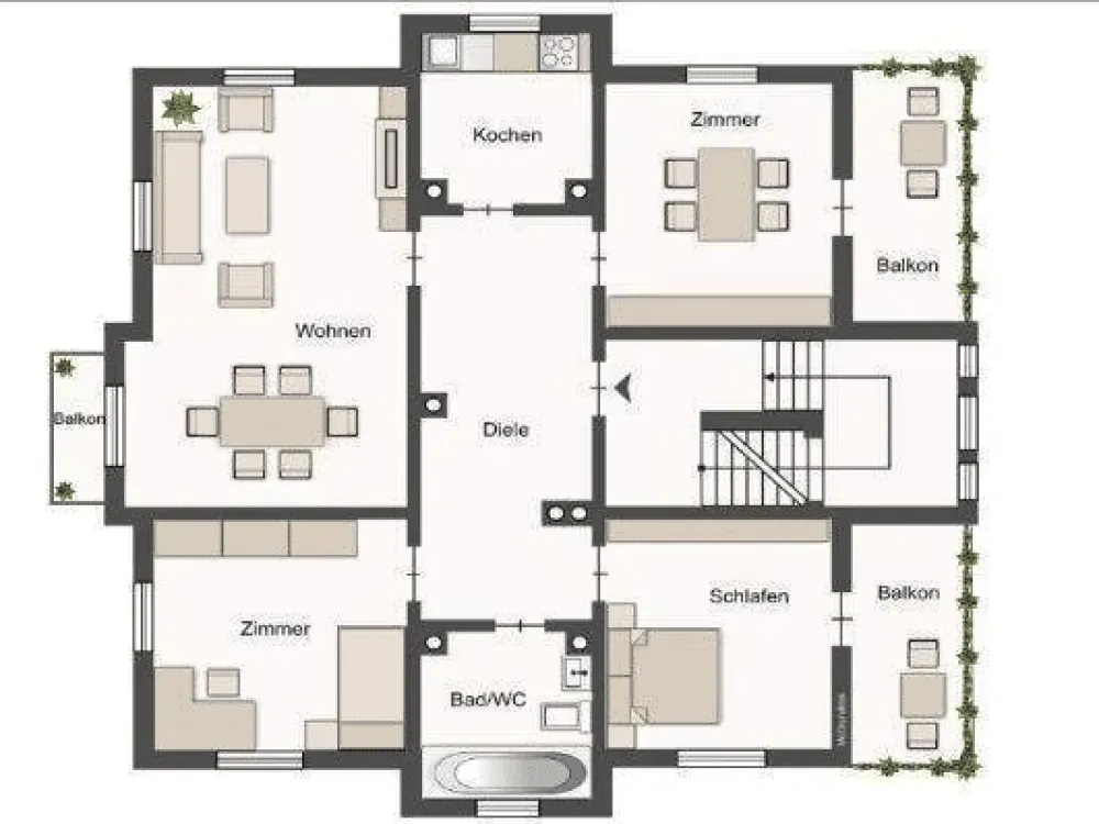 Luxuriös mit 3 Balkonen, großem Garten, Carport, kleiner Hausgemeinschaft: Wohnung in einer Villa sucht neue Familie!